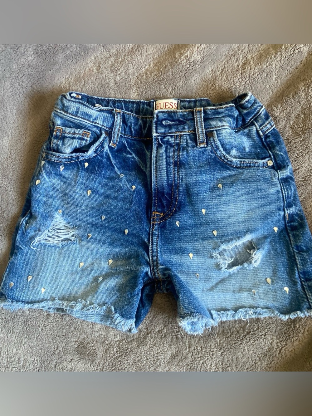 GUESS Blue Distressed Denim Shorts with Gold Studs